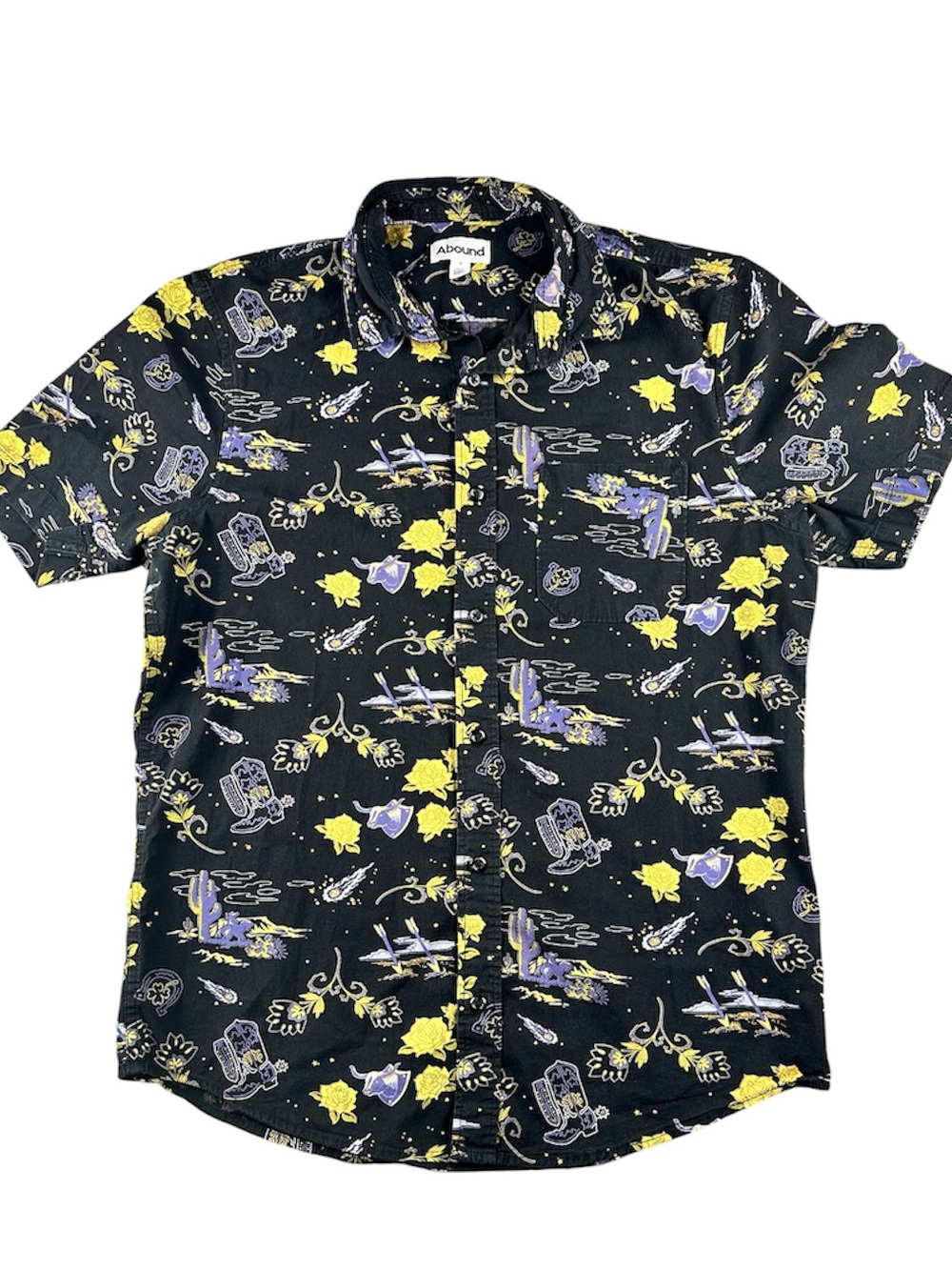 Abound Men’s Western Cowboy Rodeo Shirt Black Yellow Roses Boots M - Picture 2 of 8